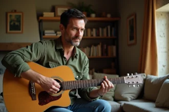 Homme jouant les accords de Petite Marie de Francis Cabrel sur une guitare acoustique dans un intérieur rustique français