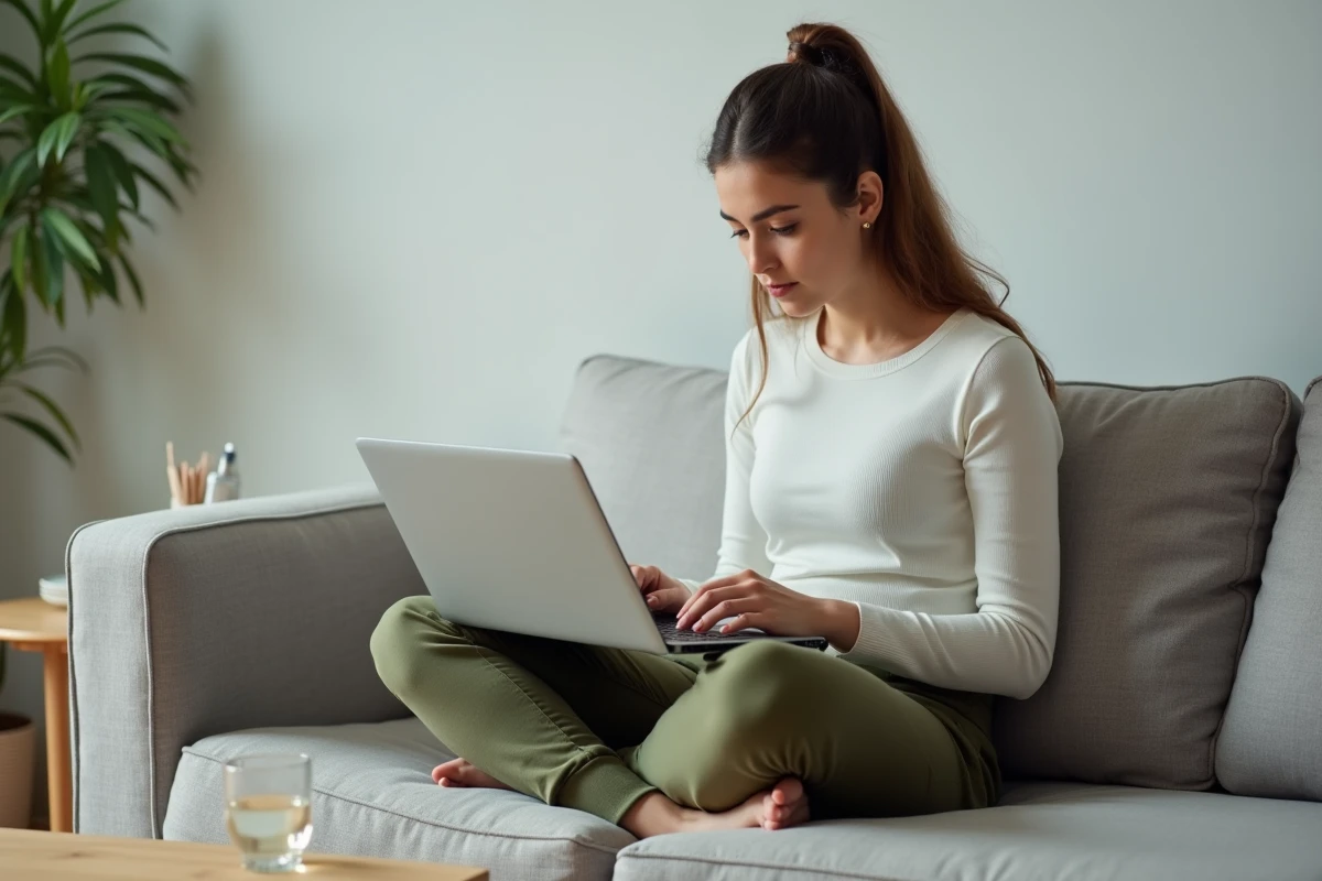 Acheteuse consultant le centre d'aide Vinted sur ordinateur portable pour suivre une réclamation en cours