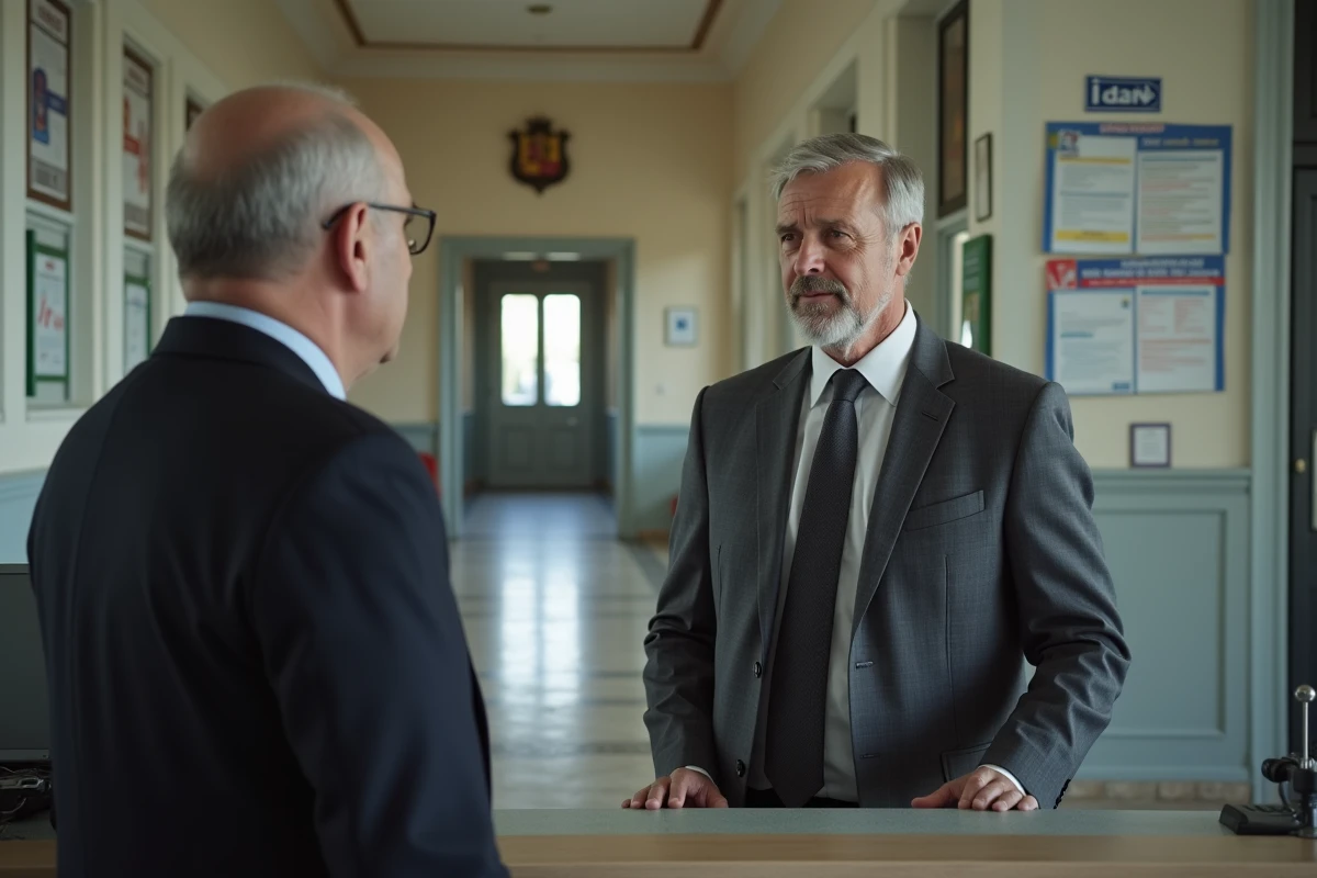 Adjoint au maire accueillant un administré dans le hall d'une mairie française, échange institutionnel au guichet municipal