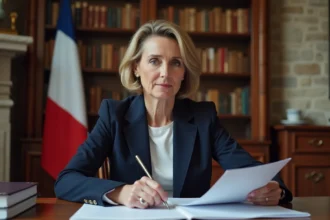 Adjointe au maire en réunion au conseil municipal, examinant des documents officiels dans une salle de mairie française