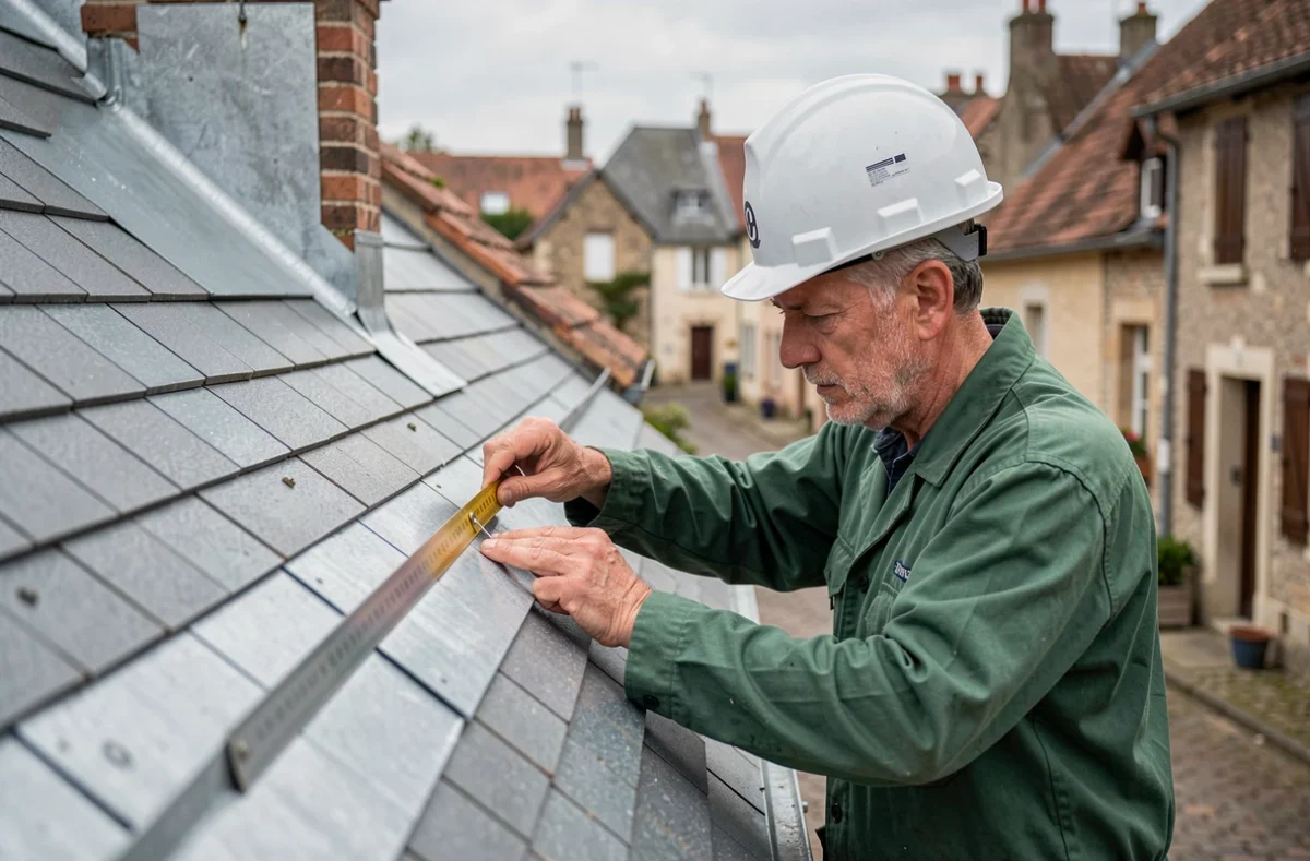 Technicien couvreur d'ADMC 72 inspectant des solins en zinc sur une toiture de maison traditionnelle en Sarthe