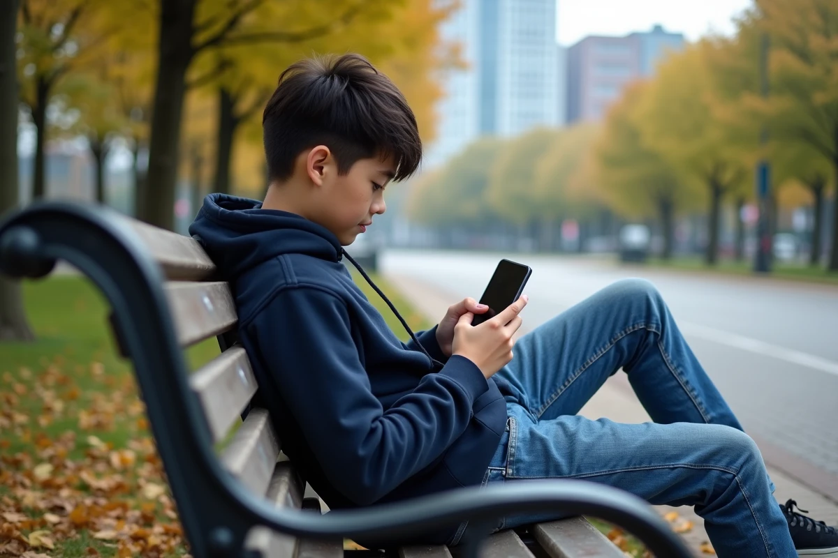 Adolescent lisant manga sur mobile dans un parc
