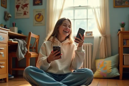 Adolescente assise sur le sol de sa chambre, riant en tenant son téléphone, expression naturelle et décontractée illustrant le langage des jeunes en 2026