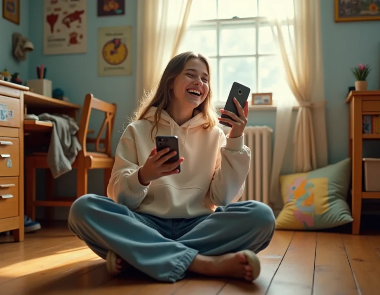 Adolescente assise sur le sol de sa chambre, riant en tenant son téléphone, expression naturelle et décontractée illustrant le langage des jeunes en 2026