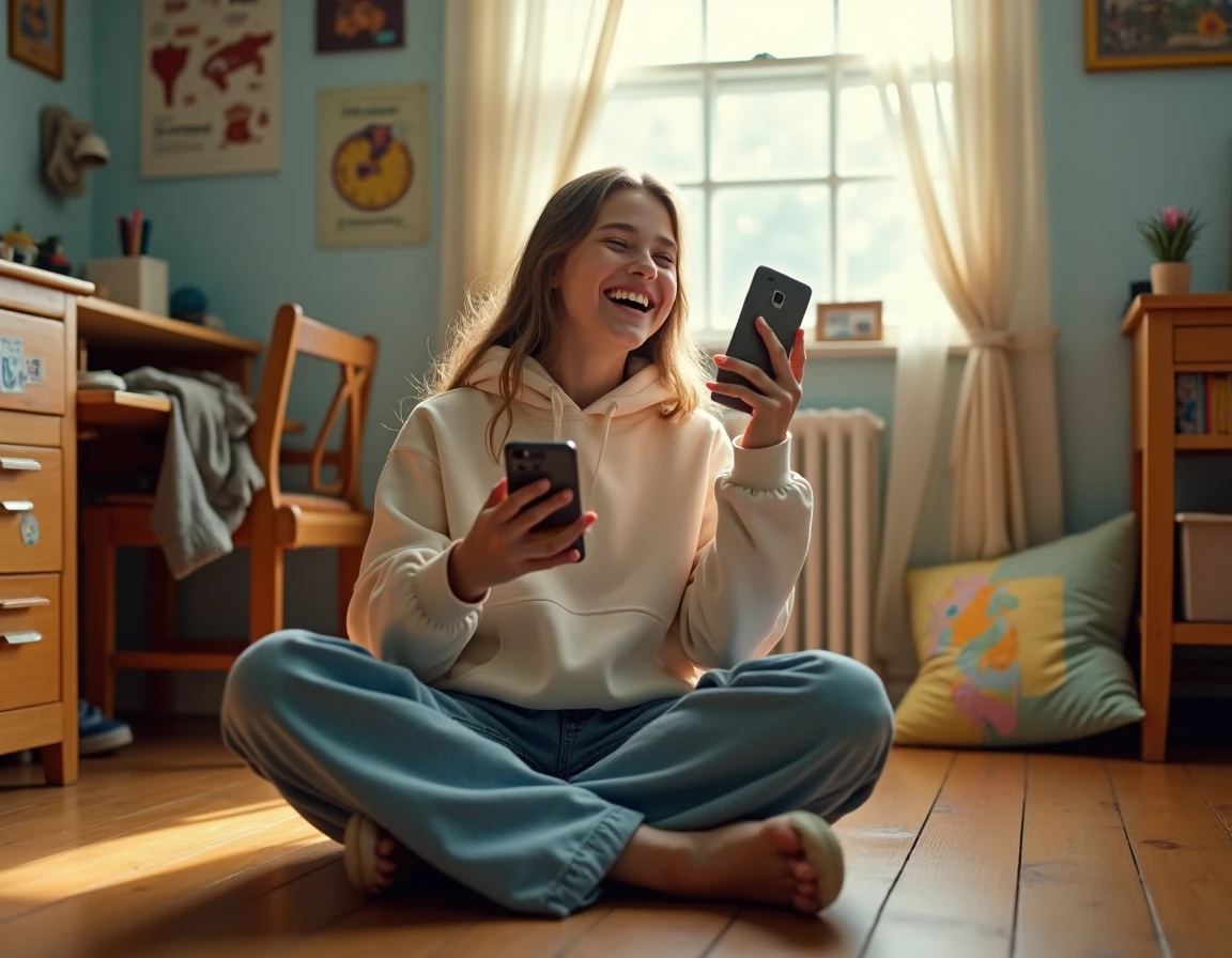 Adolescente assise sur le sol de sa chambre, riant en tenant son téléphone, expression naturelle et décontractée illustrant le langage des jeunes en 2026