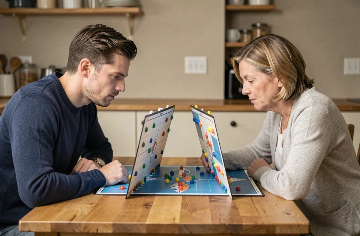 Deux adultes jouant à la bataille navale sur une table en bois avec les grilles de jeu dressées face à face