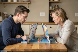 Deux adultes jouant à la bataille navale sur une table en bois avec les grilles de jeu dressées face à face