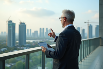 Agent immobilier en ville avec gratte-ciel verts