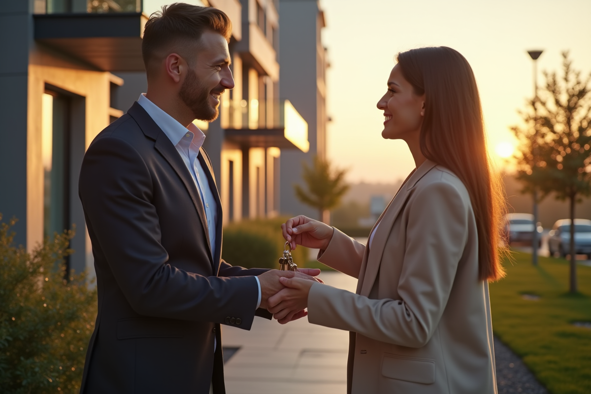 Agent immobilier donnant les clés à un investisseur souriant devant un immeuble moderne