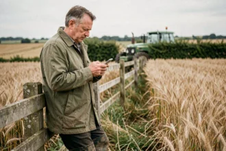 Agriculteur français consultant son smartphone appuyé contre une clôture en bois au bord d'un champ de blé