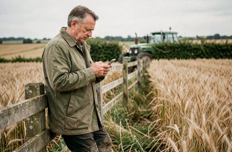 Agriculteur français consultant son smartphone appuyé contre une clôture en bois au bord d'un champ de blé