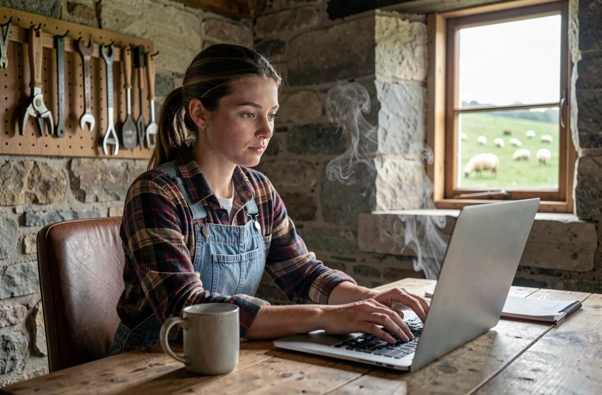 Jeune agricultrice tapant sur son ordinateur portable dans un bureau aménagé dans une grange avec vue sur pâturage