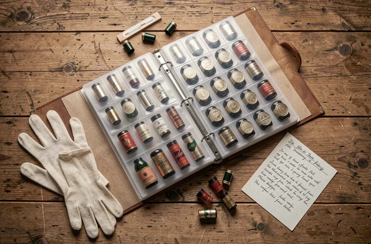 Collection de capsules de champagne classées dans un album d'archivage avec hygromètre et gants de manipulation sur une table en chêne