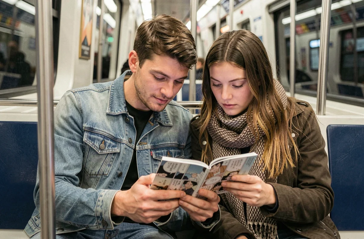 Deux amis lisant un scan manga ensemble sur smartphone dans le métro