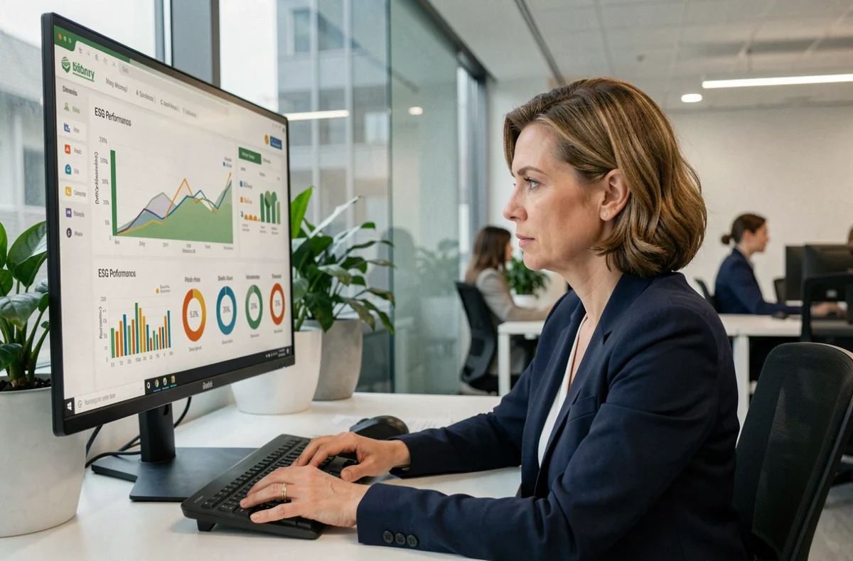 Professionnelle analysant des données ESG sur un écran d'ordinateur dans un bureau moderne et lumineux