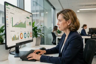 Professionnelle analysant des données ESG sur un écran d'ordinateur dans un bureau moderne et lumineux