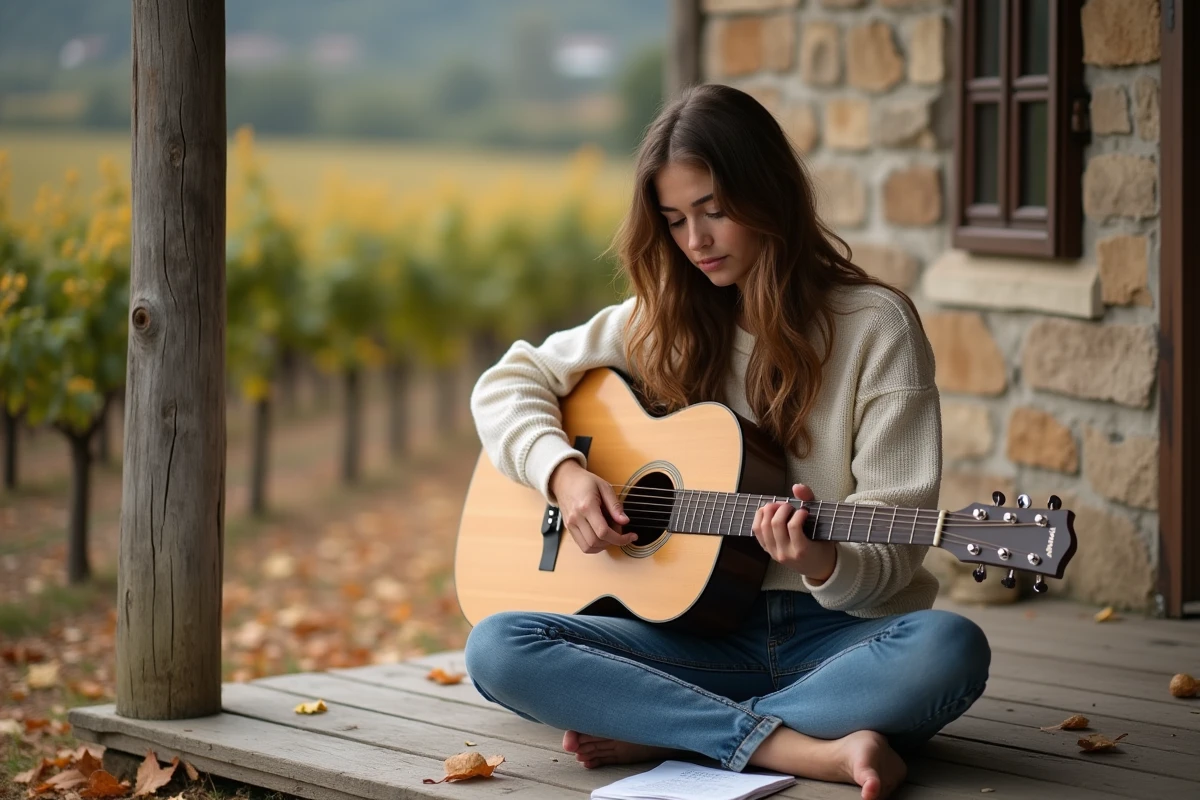 Jeune femme apprenant les accords de guitare de Petite Marie sur une terrasse en pierre dans la campagne française