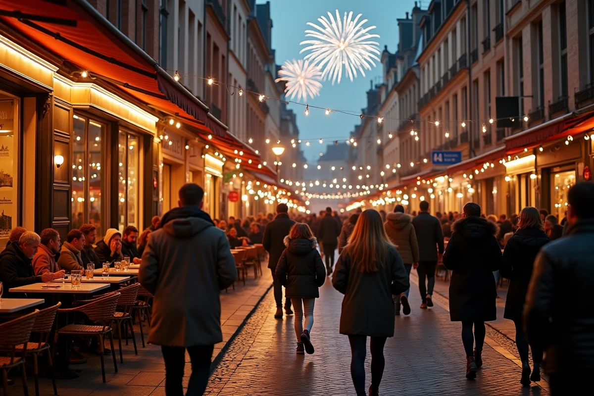 Rue piétonne animée de Lille après le feu d'artifice 2026 avec des passants et des terrasses de brasseries éclairées