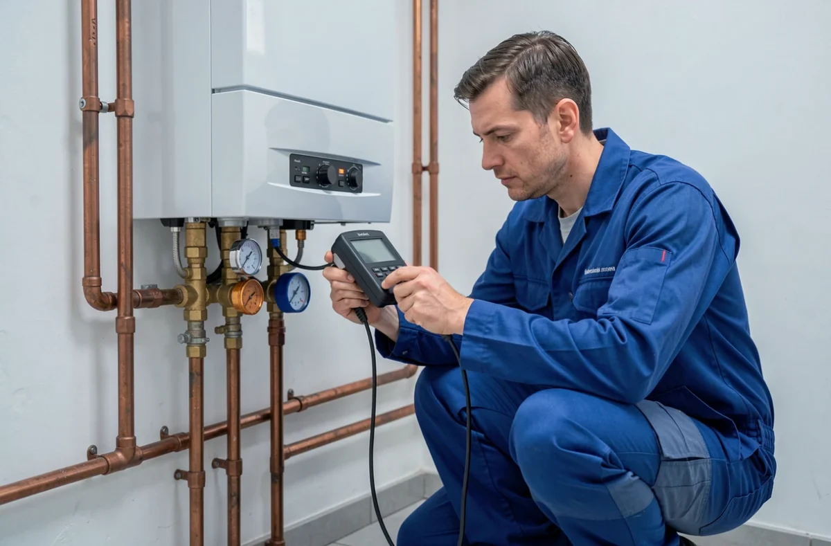 Technicien Aqua Concept Plomberie Chauffage vérifiant la pression d'une chaudière murale