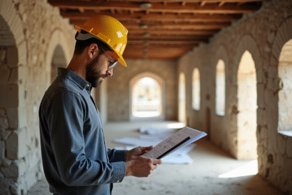 Architecte avec casque et tablette dans bâtiment historique