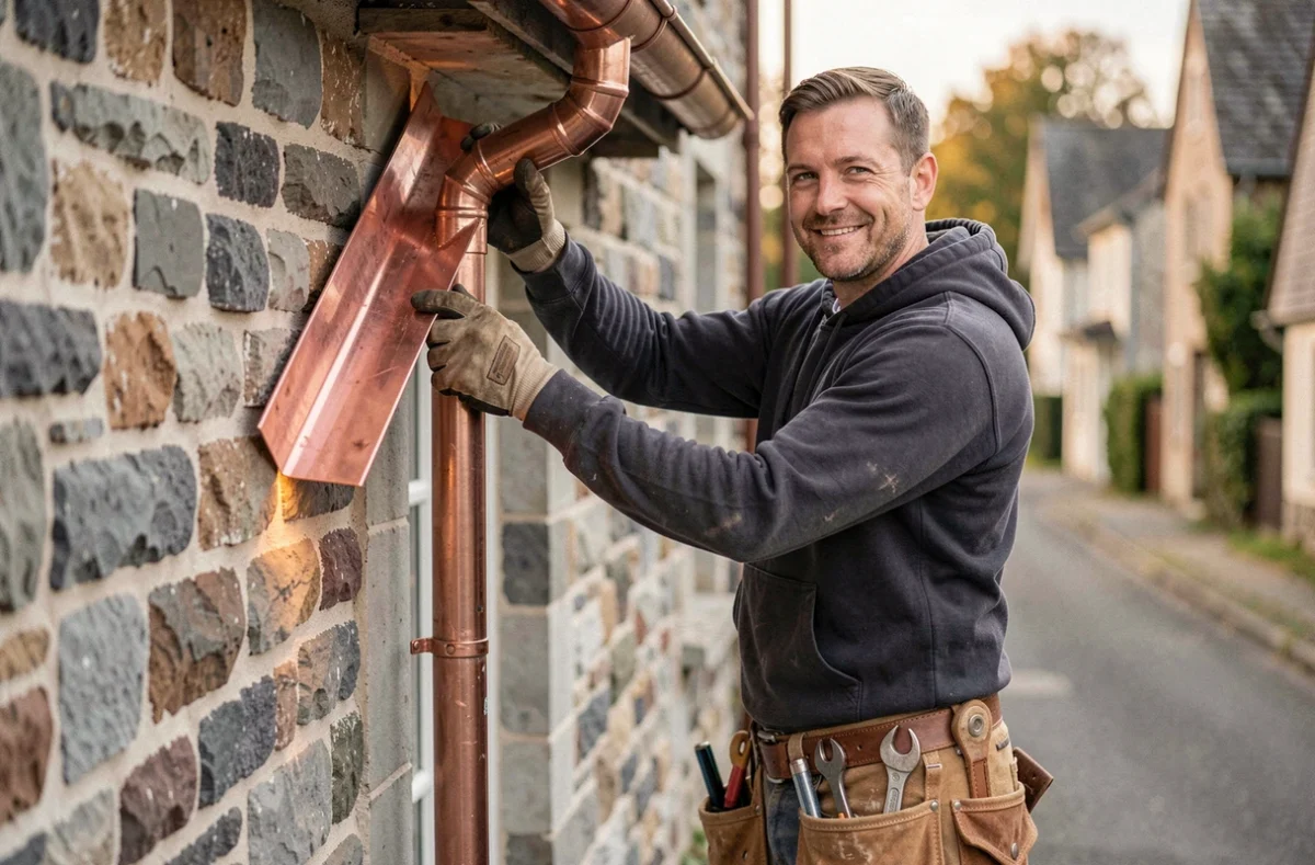 Artisan couvreur zingueur Lawson Tousautien ajustant une gouttière en cuivre sur une façade en pierre lorraine