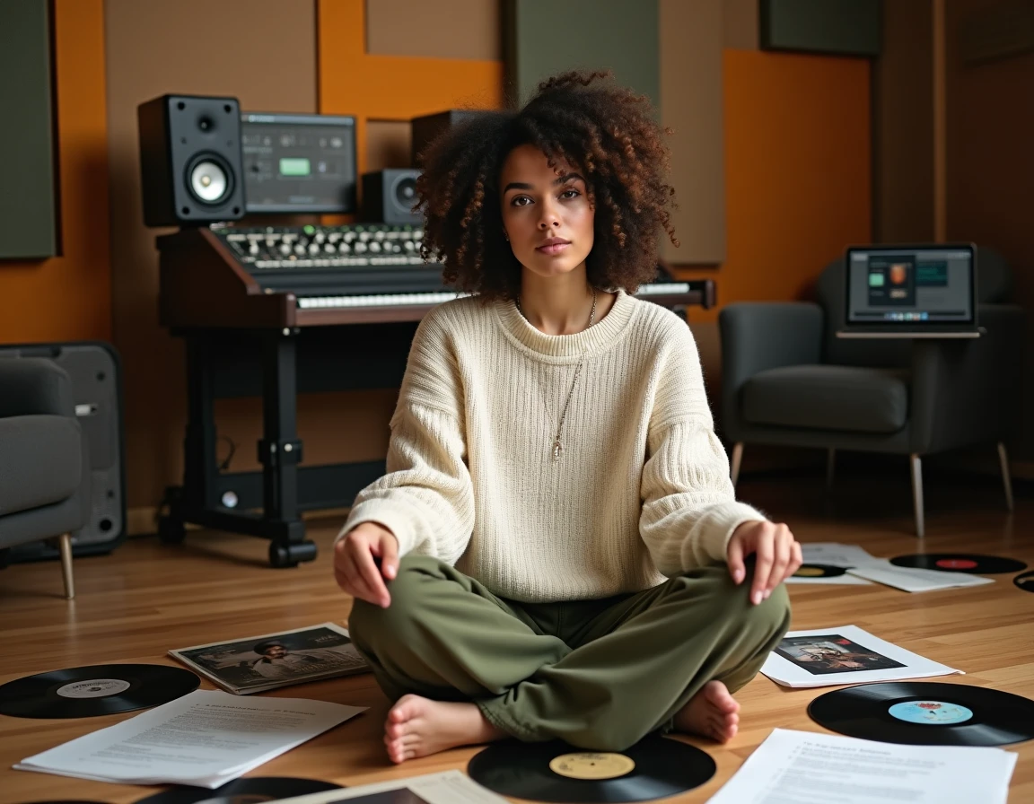 Femme entourée de vinyles et d'une playlist Netflix dans un studio d'enregistrement créatif