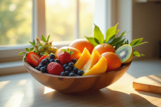 Assortiment de fruits frais dans un bol en bois sur un plan de travail