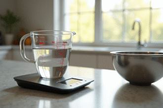 Balance de cuisine et verre mesureur avec eau pour recette