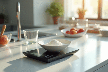 Balance de cuisine numérique avec bol de farine en lumière naturelle