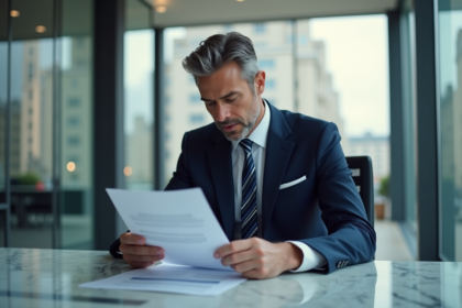 Banquier français en costume navy concentré sur documents