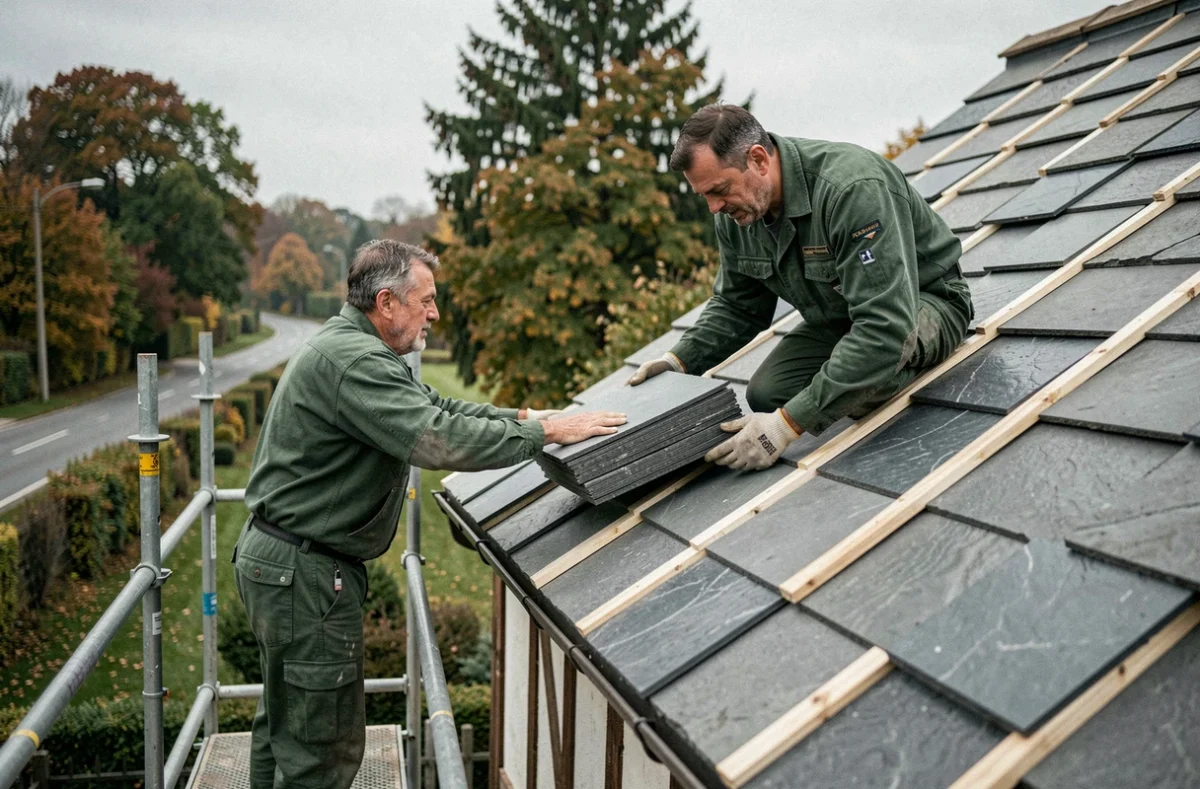 Deux couvreurs de Blavette SARL posant des ardoises sur une maison normande rénovée en Sarthe