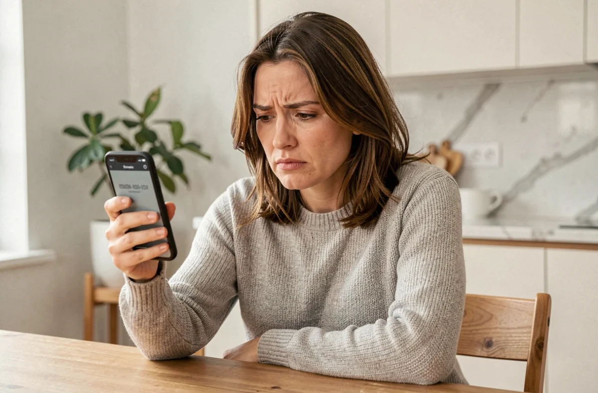 Femme consultant son smartphone affichant un numéro de téléphone inconnu 0987887671 dans une cuisine moderne