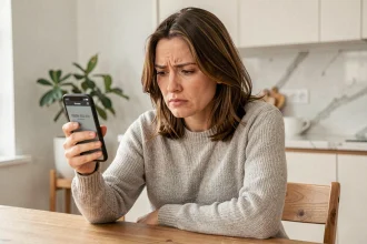 Femme consultant son smartphone affichant un numéro de téléphone inconnu 0987887671 dans une cuisine moderne