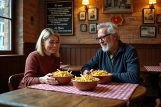 Couple savourant des moules-frites dans une brasserie bruxelloise authentique près du Manneken-Pis