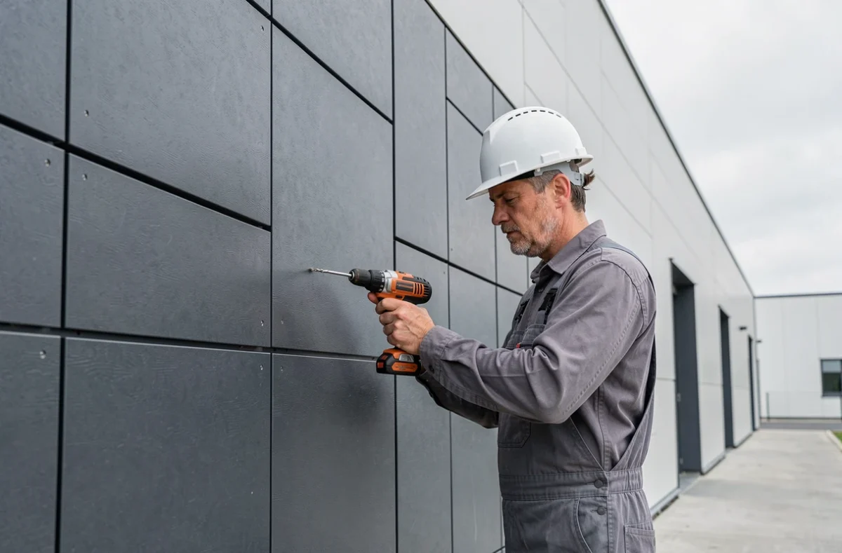 Spécialiste de Brcko Bardage installant des panneaux de bardage gris anthracite sur un bâtiment commercial moderne