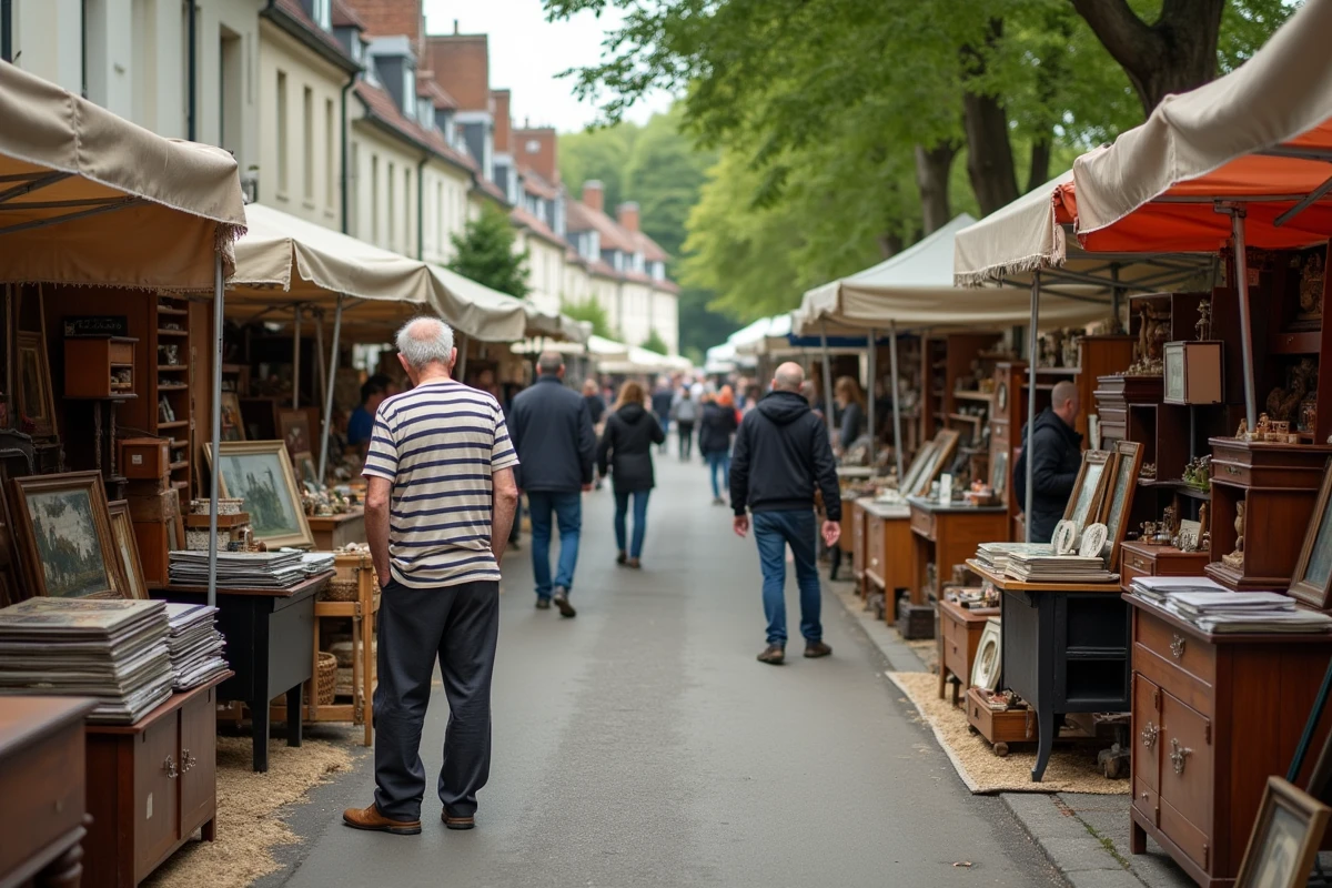 Vue d'ensemble d'une brocante animée en plein air dans une ville des Yvelines près de Paris