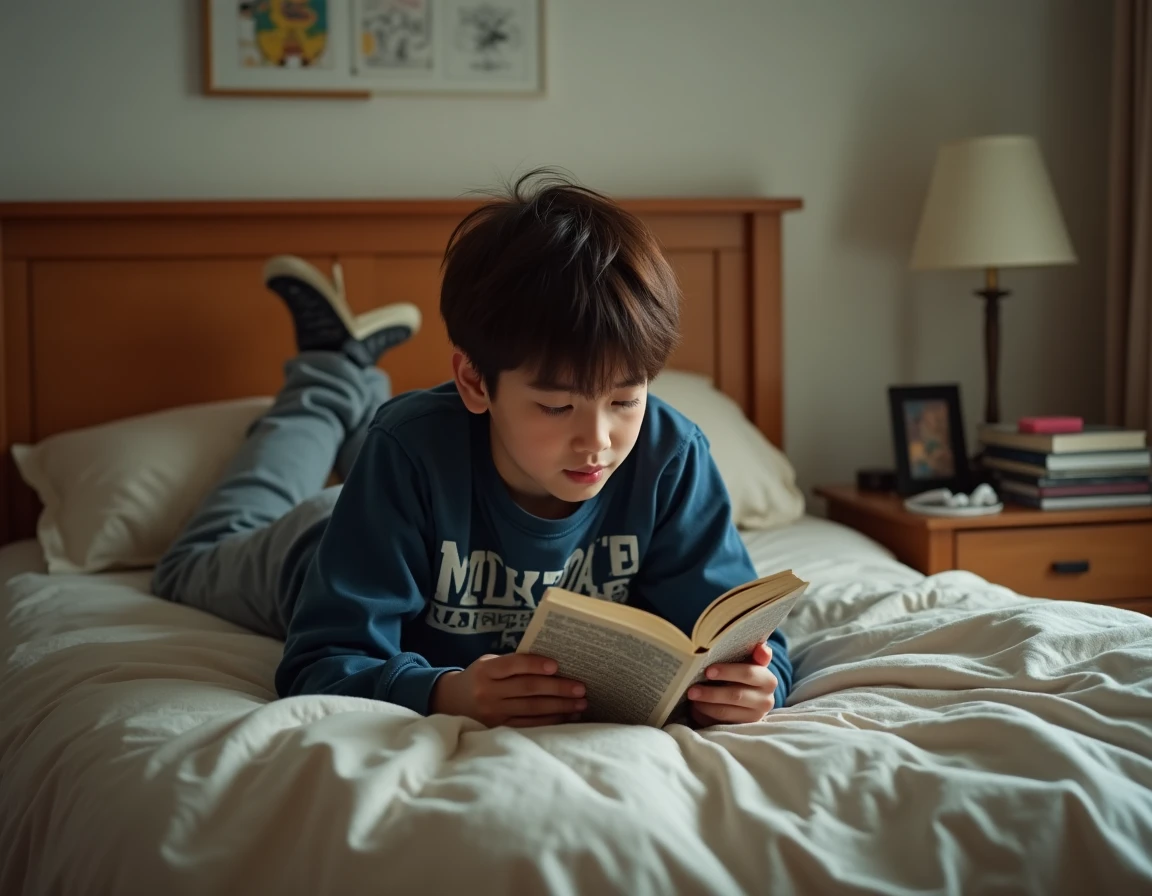 Adolescent de 16 ans allongé sur son lit en train de lire un manga, idée cadeau pour ado passionné de culture japonaise