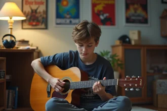 Adolescent de 16 ans jouant de la guitare acoustique dans sa chambre décorée de posters de concerts, idée cadeau musique pour ado