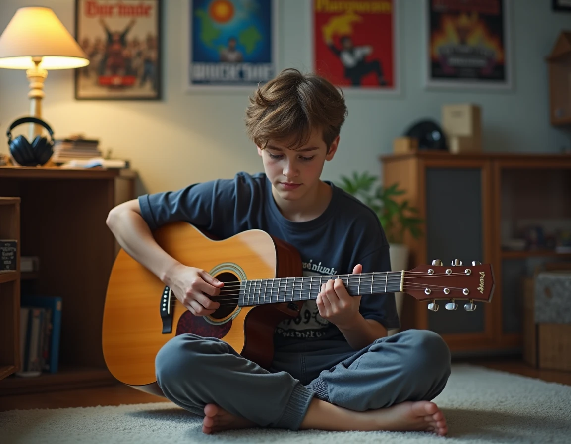 Adolescent de 16 ans jouant de la guitare acoustique dans sa chambre décorée de posters de concerts, idée cadeau musique pour ado