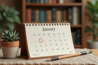 Calendrier de bureau papier avec des notes manuscrites illustrant les 365 jours d'une année civile 2026