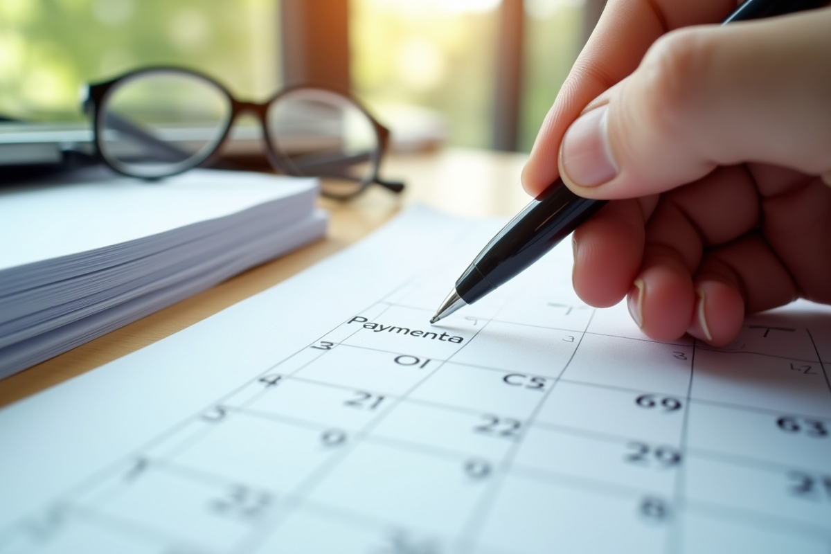 Main entourant une date de paiement sur un calendrier dans un bureau lumineux