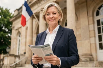 Candidate aux élections municipales 2026 tenant sa profession de foi devant une mairie française