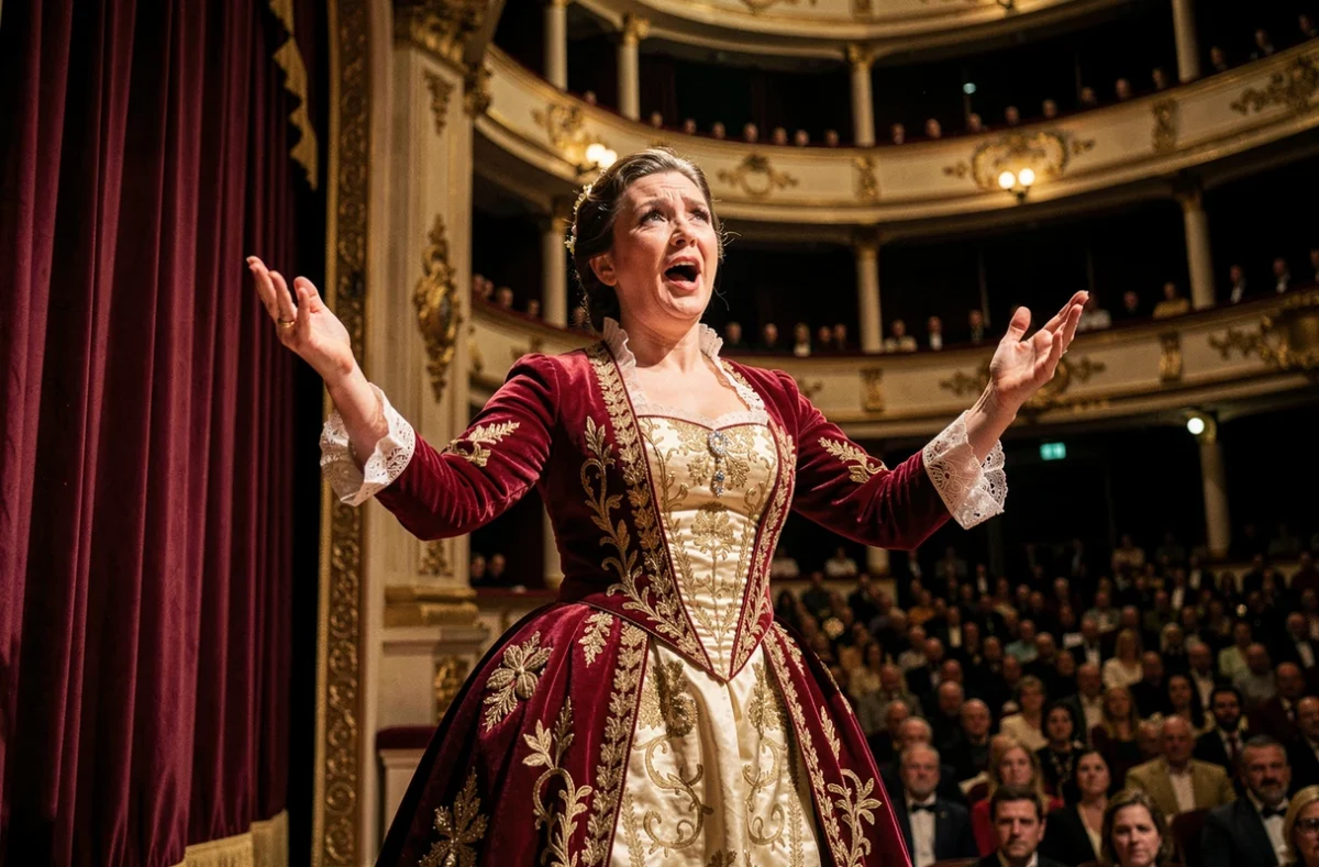 Cantatrice célèbre en costume d'époque chantant sur la scène d'un grand opéra historique devant un public nombreux