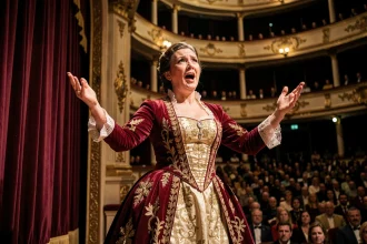 Cantatrice célèbre en costume d'époque chantant sur la scène d'un grand opéra historique devant un public nombreux