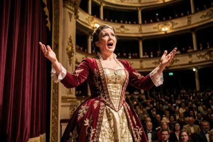 Cantatrice célèbre en costume d'époque chantant sur la scène d'un grand opéra historique devant un public nombreux