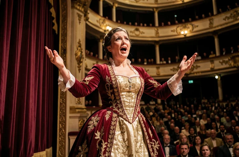 Cantatrice célèbre en costume d'époque chantant sur la scène d'un grand opéra historique devant un public nombreux