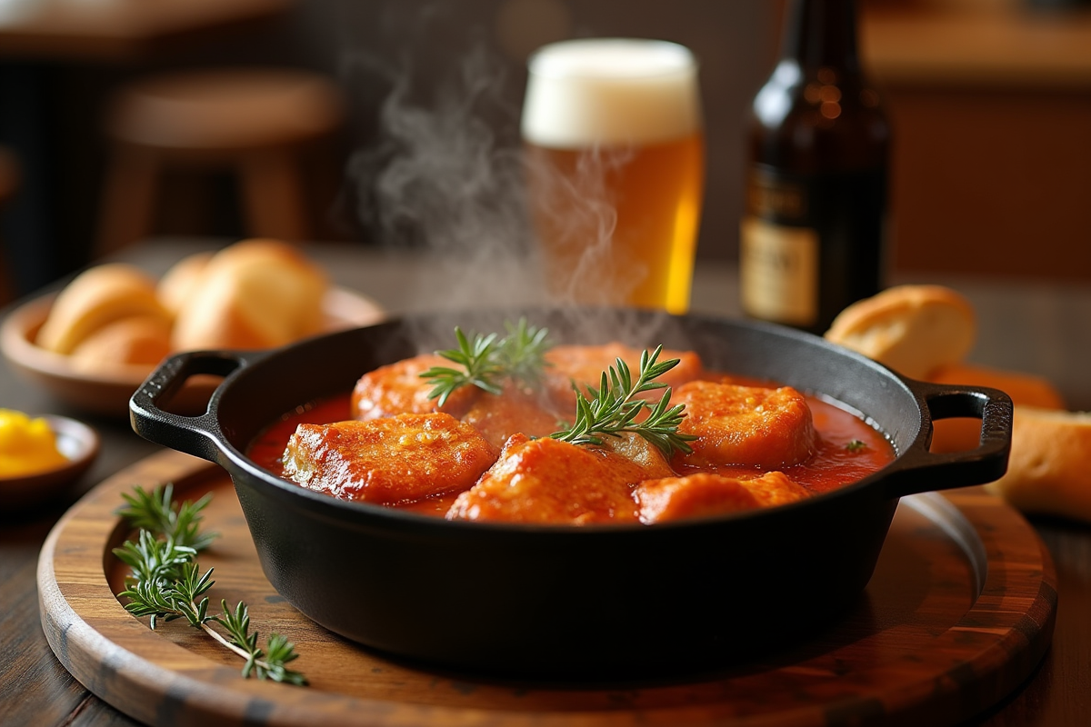 Carbonade flamande en cocotte avec moutarde pain et bière belge