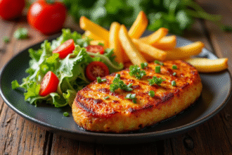 Carbonade flamande joliment dressée avec frites dorées et salade fraîche