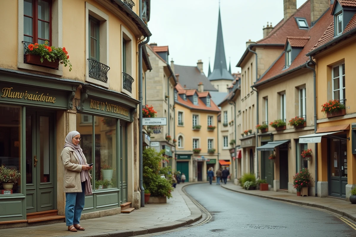 Carrefour de la Rue d'Angleterre dans une ville de province française avec commerces traditionnels et architecture locale