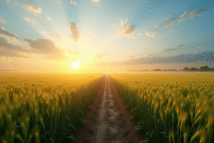 Champ de blé au lever du soleil avec brume matinale